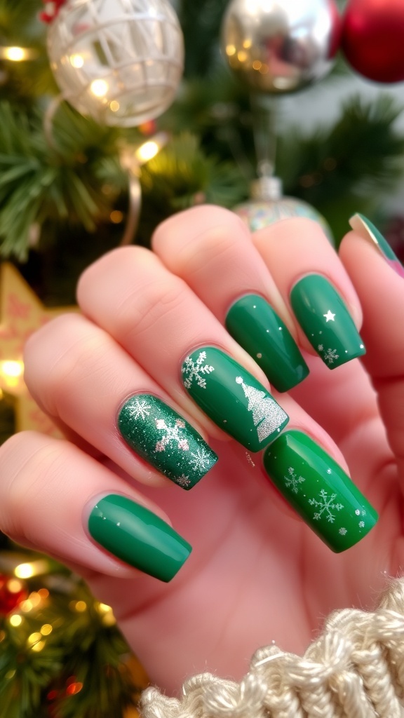 Close-up of green Christmas nail art with snowflakes and glitter against a festive background.